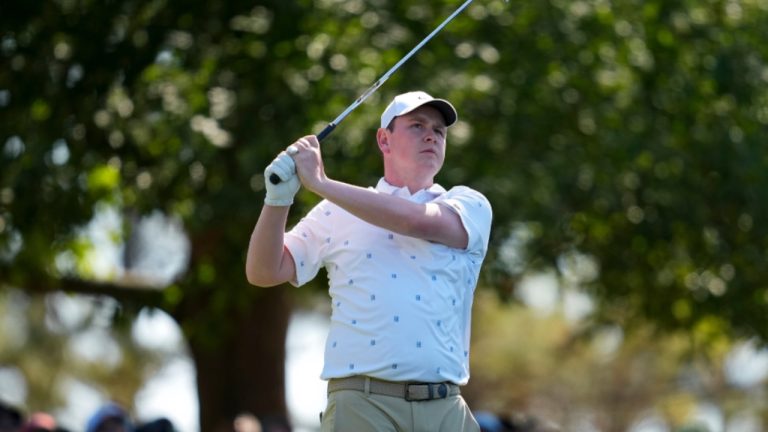 Robert MacIntyre, of Scotland, watches his tee shot on the fourth hole during the second round of the Masters golf tournament at the Augusta National Golf Club, Friday, April 10, 2026, in Augusta, Ga. (AP/Ashley Landis)