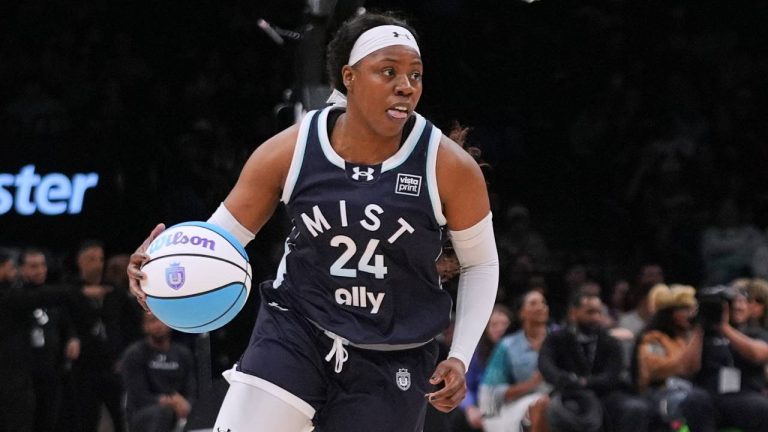 Mist BC wing Arike Ogunbowale (24) looks to pass during the second half of a semifinal in an Unrivaled 3-on-3 basketball game against Breeze BC, Monday, March 2, 2026, in New York. (Frank Franklin II/AP)
