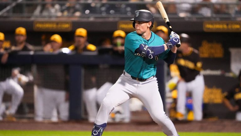 Seattle Mariners' Colt Emerson waits for a pitch against the San Diego Padres during a spring training baseball game Friday, Feb. 28, 2025, in Peoria, Ariz. (Lindsey Wasson/AP)