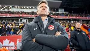 Canada head coach Jesse Marsch stands on the sideline before International friendly action against Ecuador in Toronto on Thursday. November 13, 2025. (Chris Young/CP)