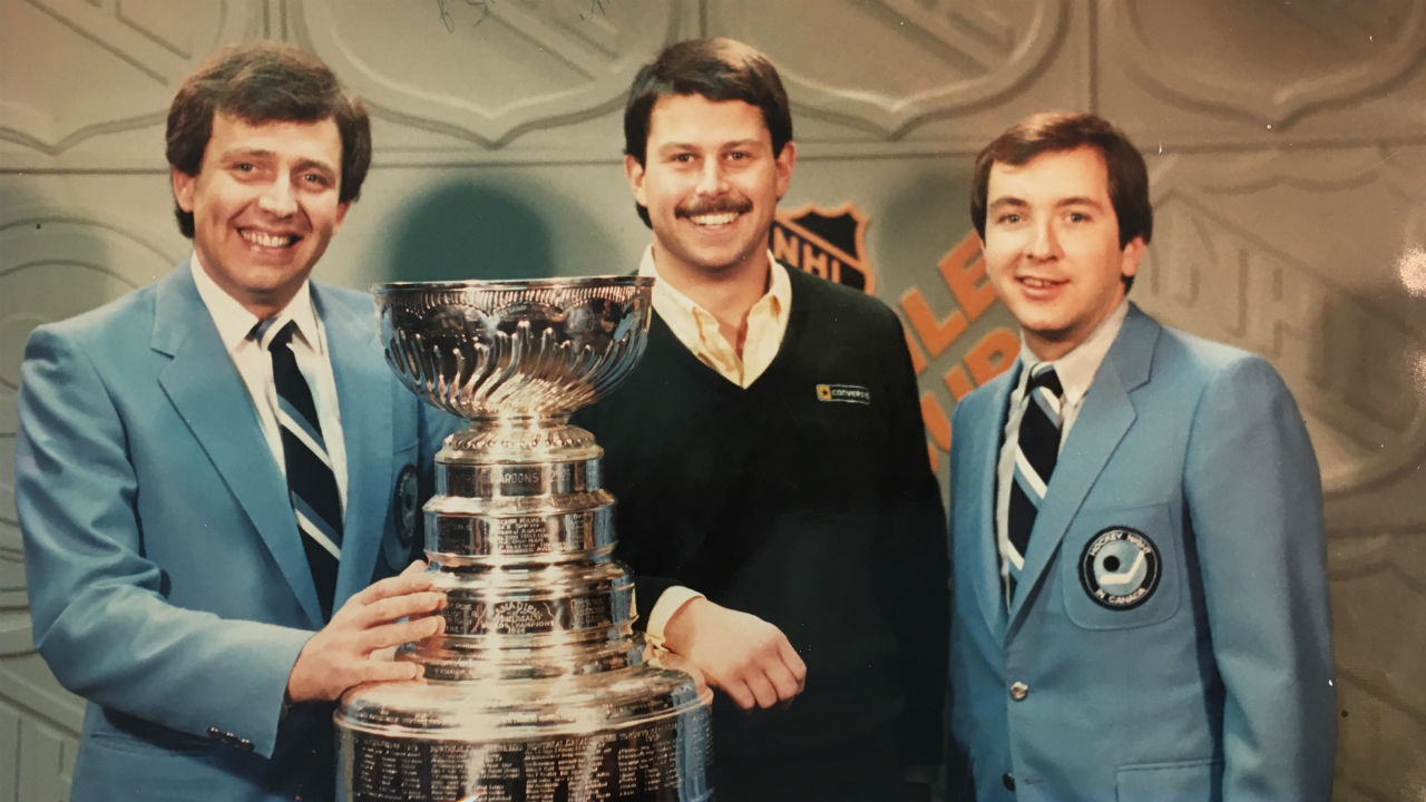 (Left to right): Edmonton Hockey Night in Canada host John Wells, CFL running back Neil Lumsden and John Shannon in 1985. 