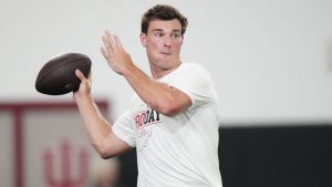 Indiana quarterback Fernando Mendoza looks to throw a pass during the school's NFL football pro day Wednesday, April 1, 2026, in Bloomington, Ind. (AJ Mast/AP)
