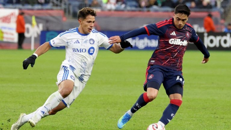 New England Revolution forward Luca Langoni, right, turns away from CF Montréal midfielder Wiki Carmona, left, in the second half of an MLS soccer match Saturday, April 4, 2026, in Foxborough, Mass. (Mark Stockwell/AP)