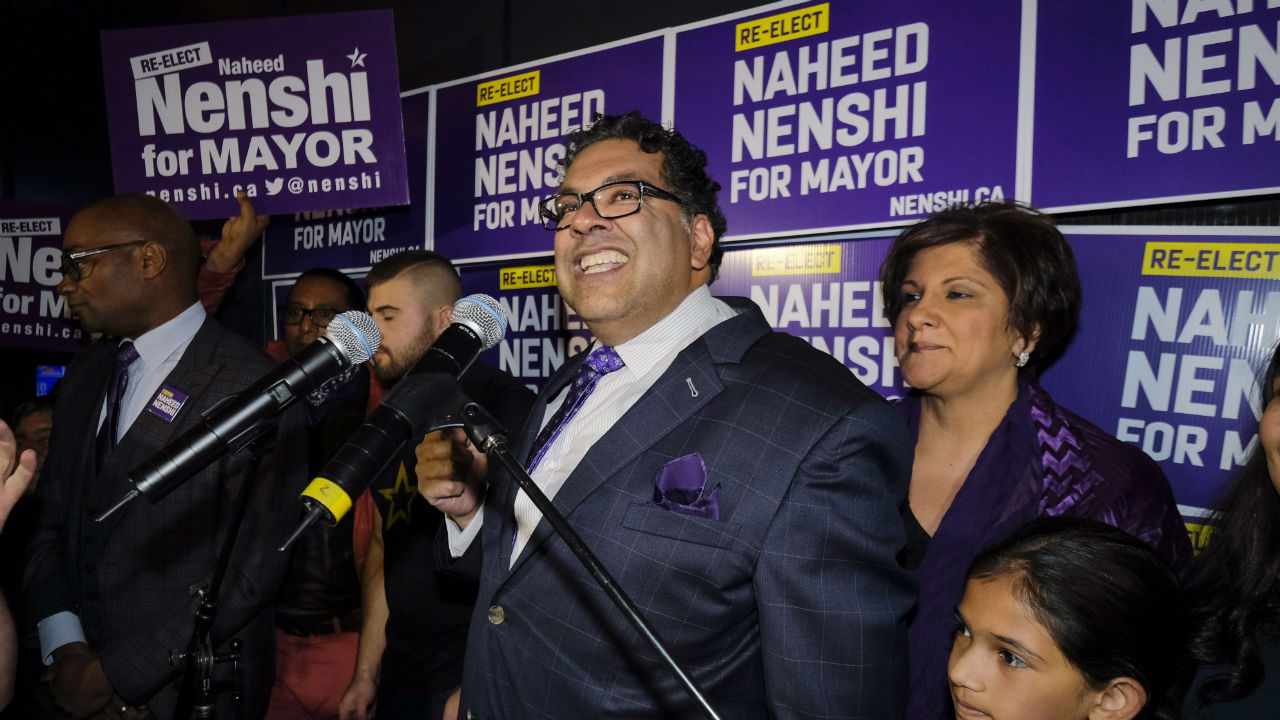 Naheed Nenshi celebrates his victory as Calgary's mayor following municipal elections in Calgary, Alta., early Tuesday, Oct. 17, 2017. (Jeff McIntosh/CP)