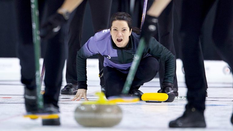 Team Alpine skip Kerri Einarson urges her teammates to sweep in this handout photo, during a Rock League curling game against Team Shield at Toronto's Mattamy Athletic Centre, on Monday, April 6, 2026. (Anil Mungal/The Curling Group via CP)