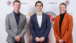 Canada men’s national soccer team head coach Jesse Marsch (left to right), Canada Soccer CEO and general secretary Kevin Blue and Canada women’s national soccer team head coach Casey Stoney in Toronto on Monday, March 3, 2025. (Chris Young/CP)