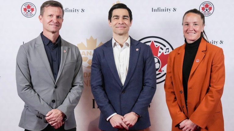 Canada men’s national soccer team head coach Jesse Marsch (left to right), Canada Soccer CEO and general secretary Kevin Blue and Canada women’s national soccer team head coach Casey Stoney in Toronto on Monday, March 3, 2025. (Chris Young/CP)