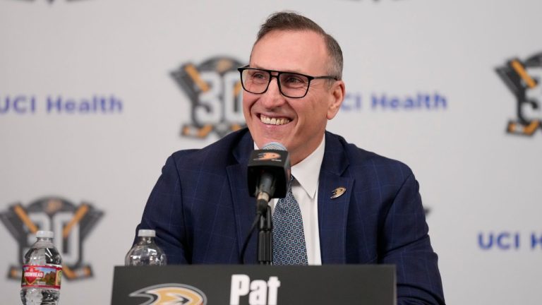 Anaheim Ducks General Manager Pat Verbeek speaks to reporters during a press conference that announced Greg Cronin as the team's new head coach in Anaheim, Calif., Monday, June 5, 2023. (Ashley Landis/AP)